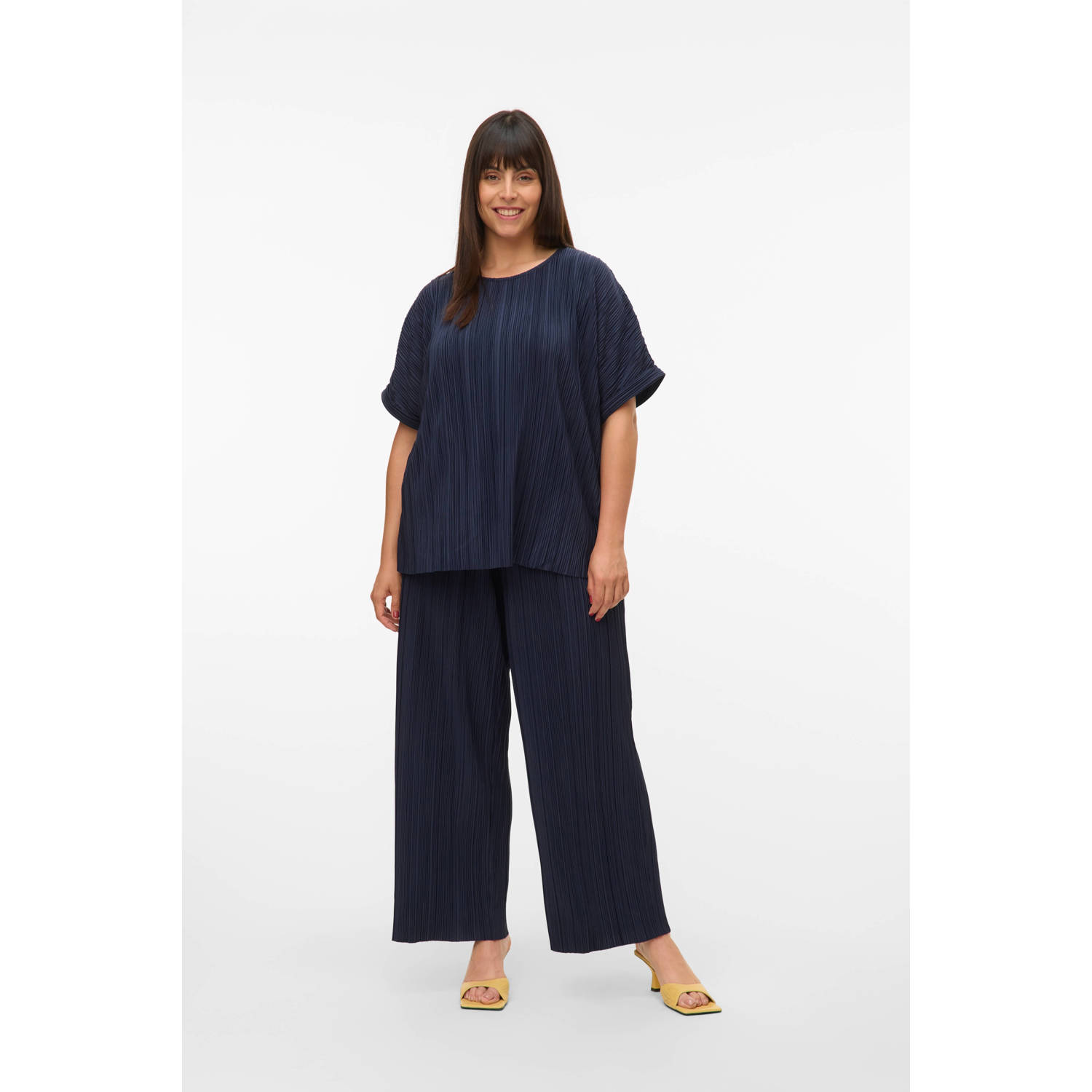 VERO MODA CURVE wide leg high waist casual broek donkerblauw