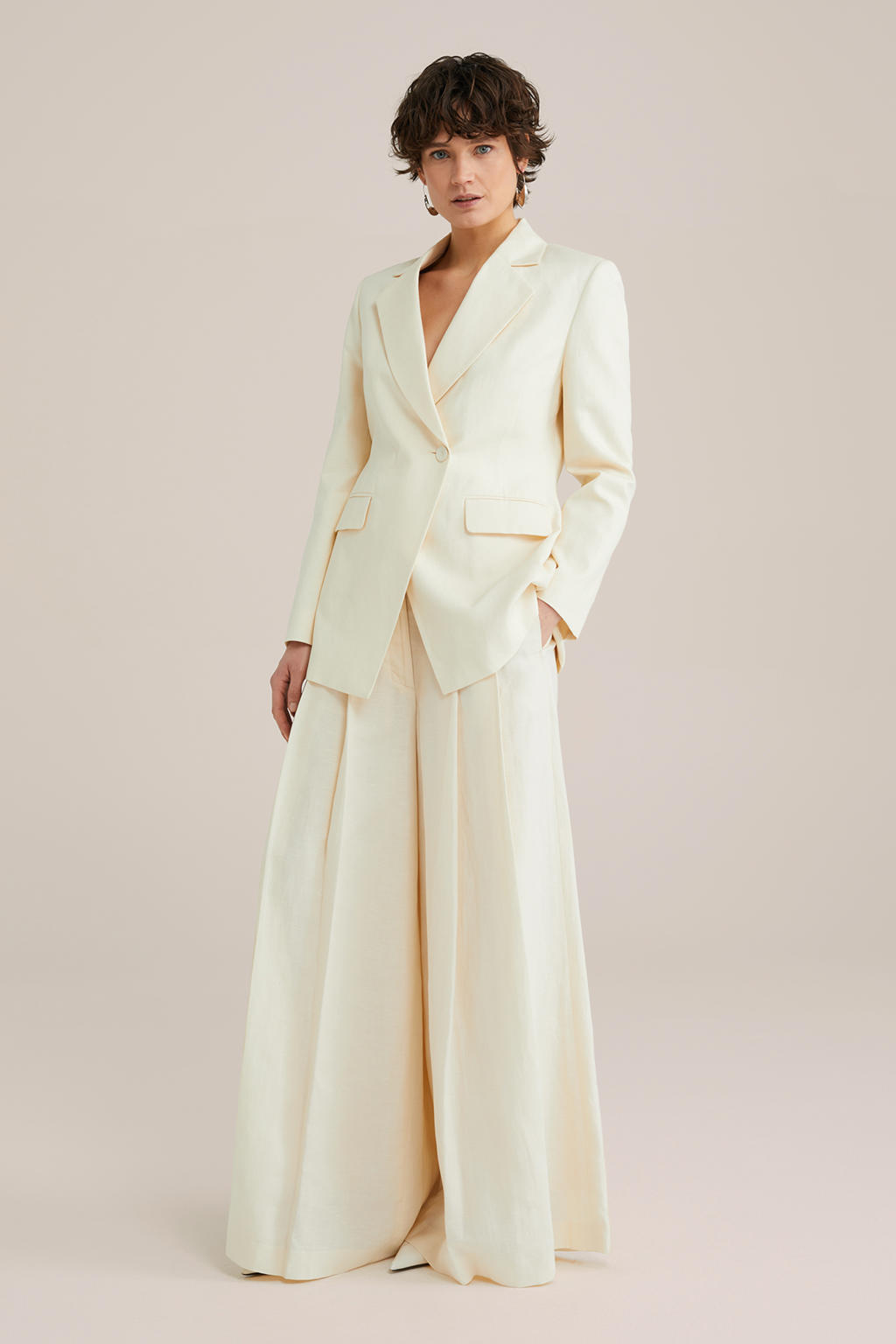 Ecru dames WE STUDIO extra wide leg broek van linnen met high waist, ritssluiting en effen