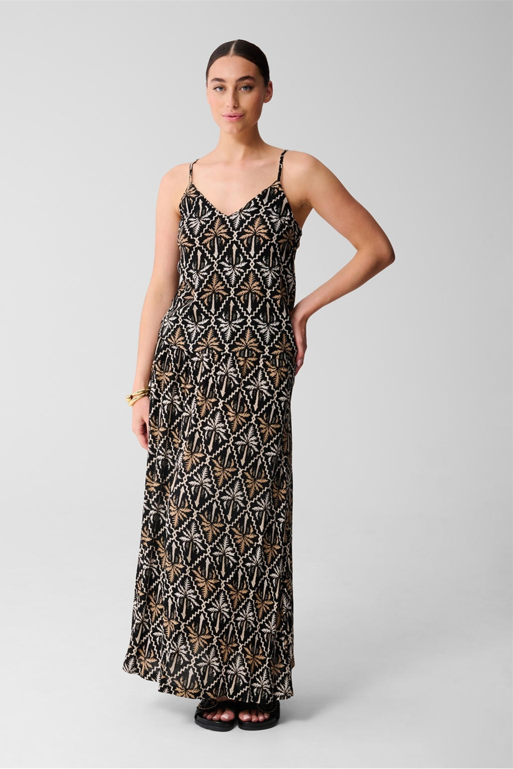 Zwart en bruine dames Shoeby mouwloze top van viscose met spaghettibandjes, V-hals en textuur