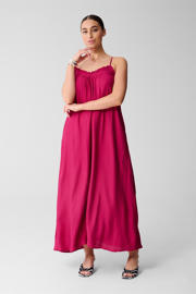 thumbnail: Roze dames Shoeby maxi jurk van viscose met effen, spaghettibandjes, V-hals en ruches