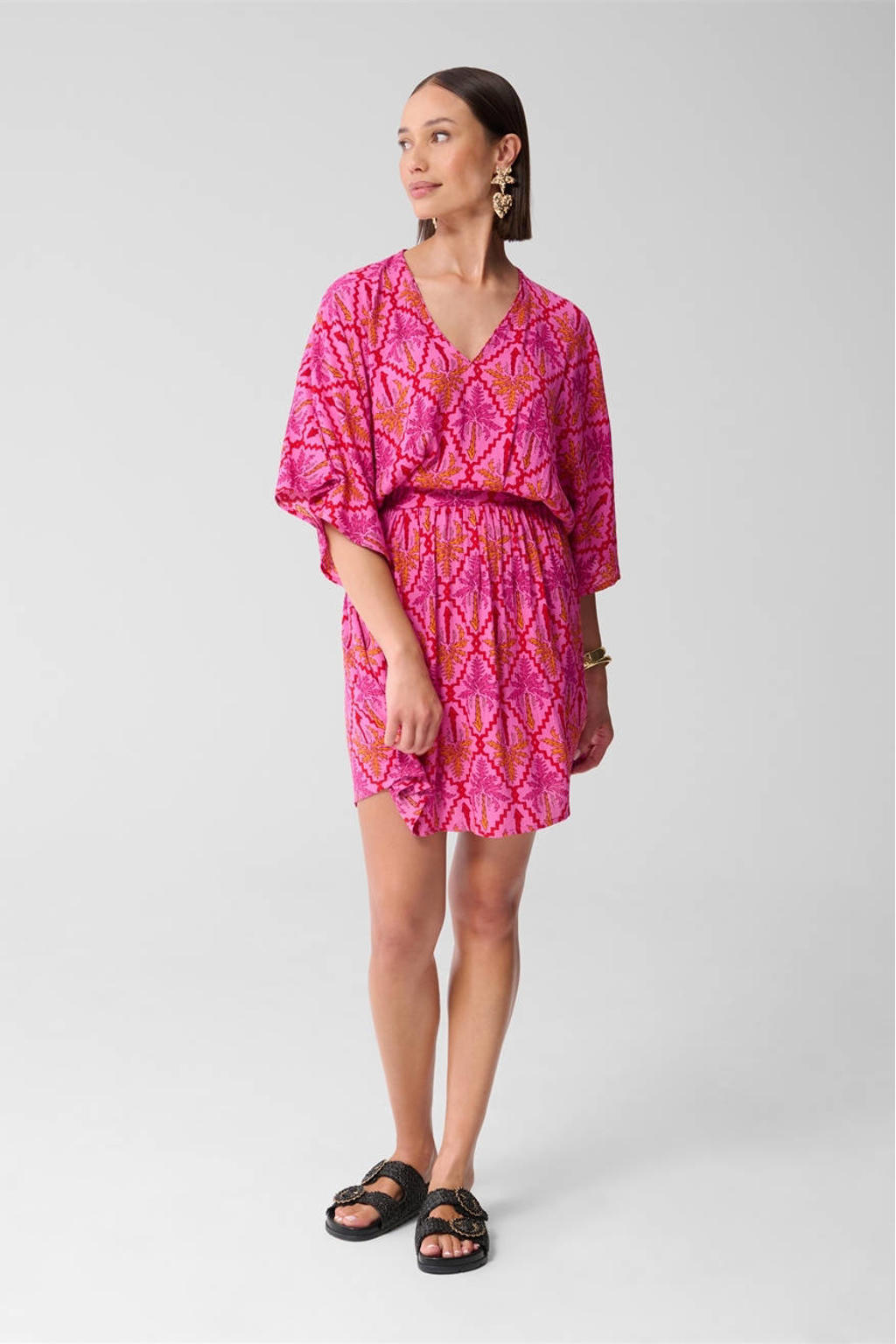 Roze dames Shoeby zomerjurk van viscose met driekwart mouwen, V-hals en textuur