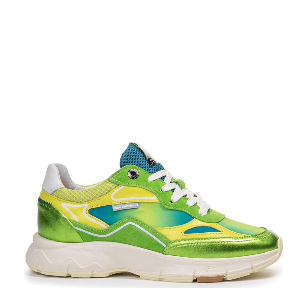 Groen en gele dames Floris van Bommel Daysi 01.09 leren sneakers van metallickleurige met veters
