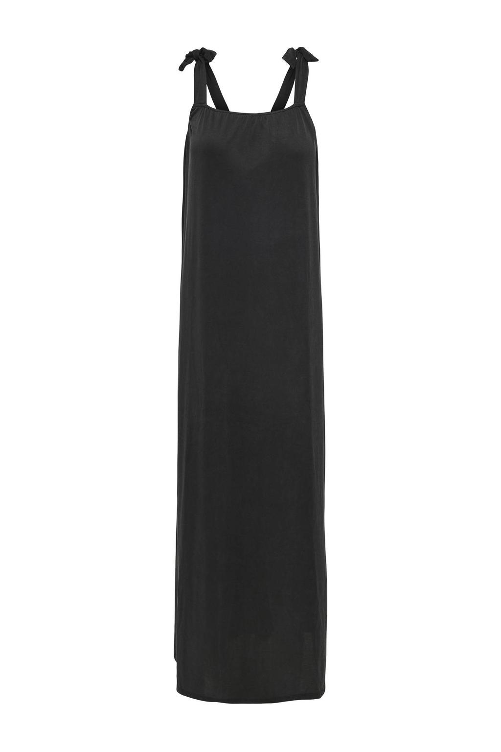 Zwarte dames ONLY maxi jurk van viscose met effen, ronde hals, striksluiting en gebreide details