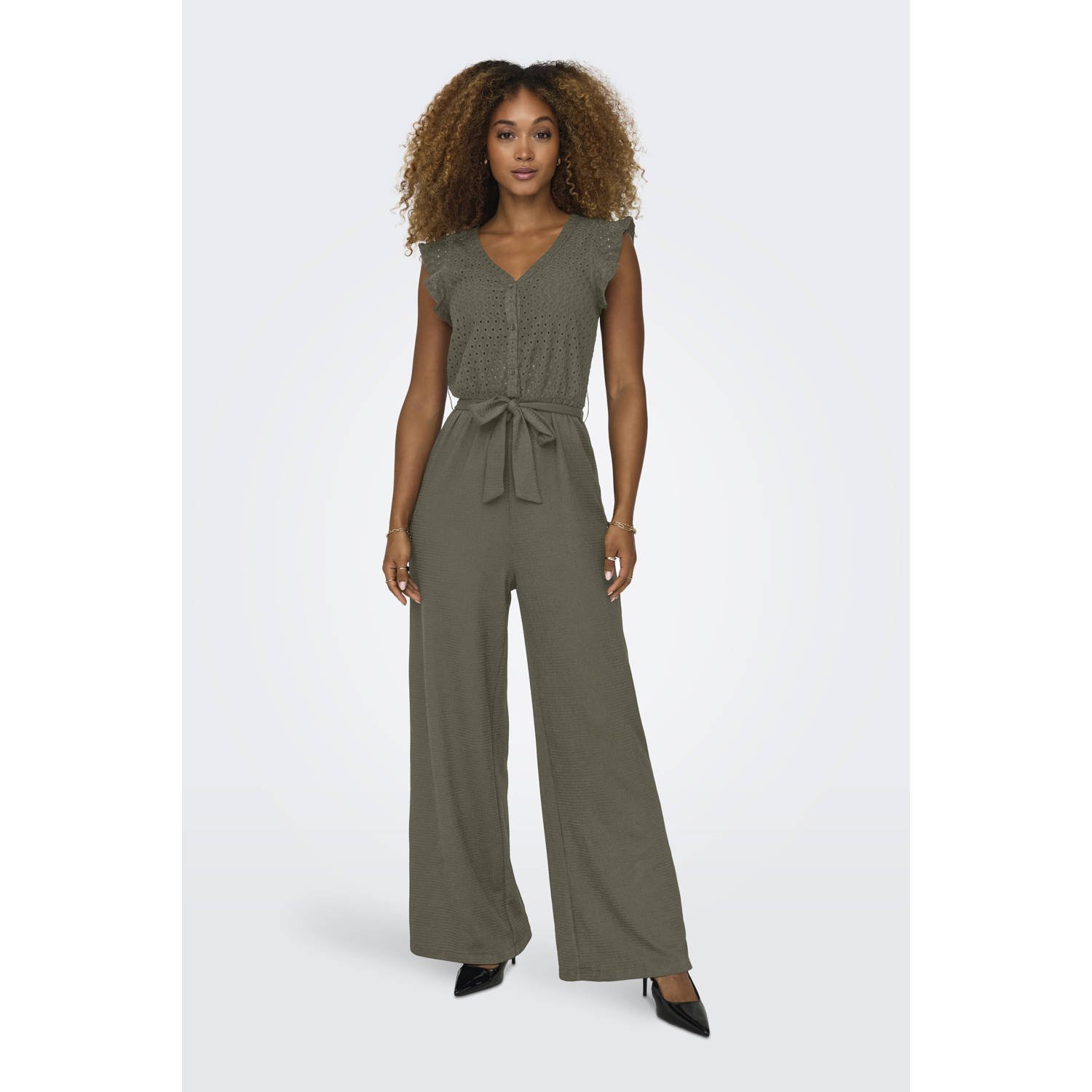 ONLY wide leg jumpsuit donkergroen broderie