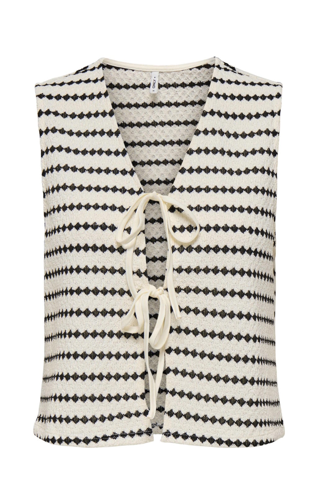 Crème en zwarte dames ONLY mouwloze top crème fijn gebreid van polyester met strepenprint, V-hals en striksluiting