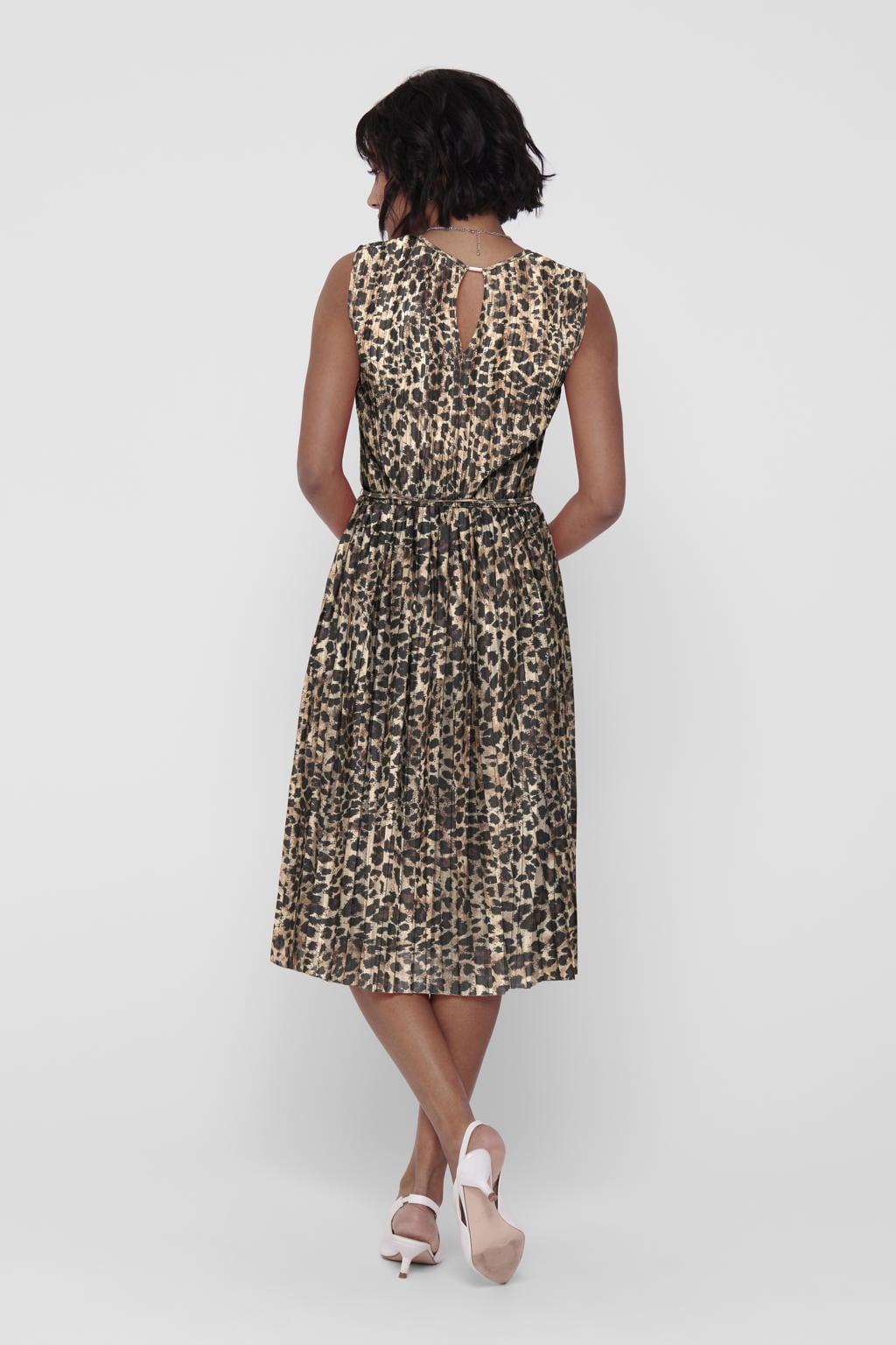 Bruin en zwarte dames ONLY jurk van polyester met dierenprint, ronde hals en striksluiting