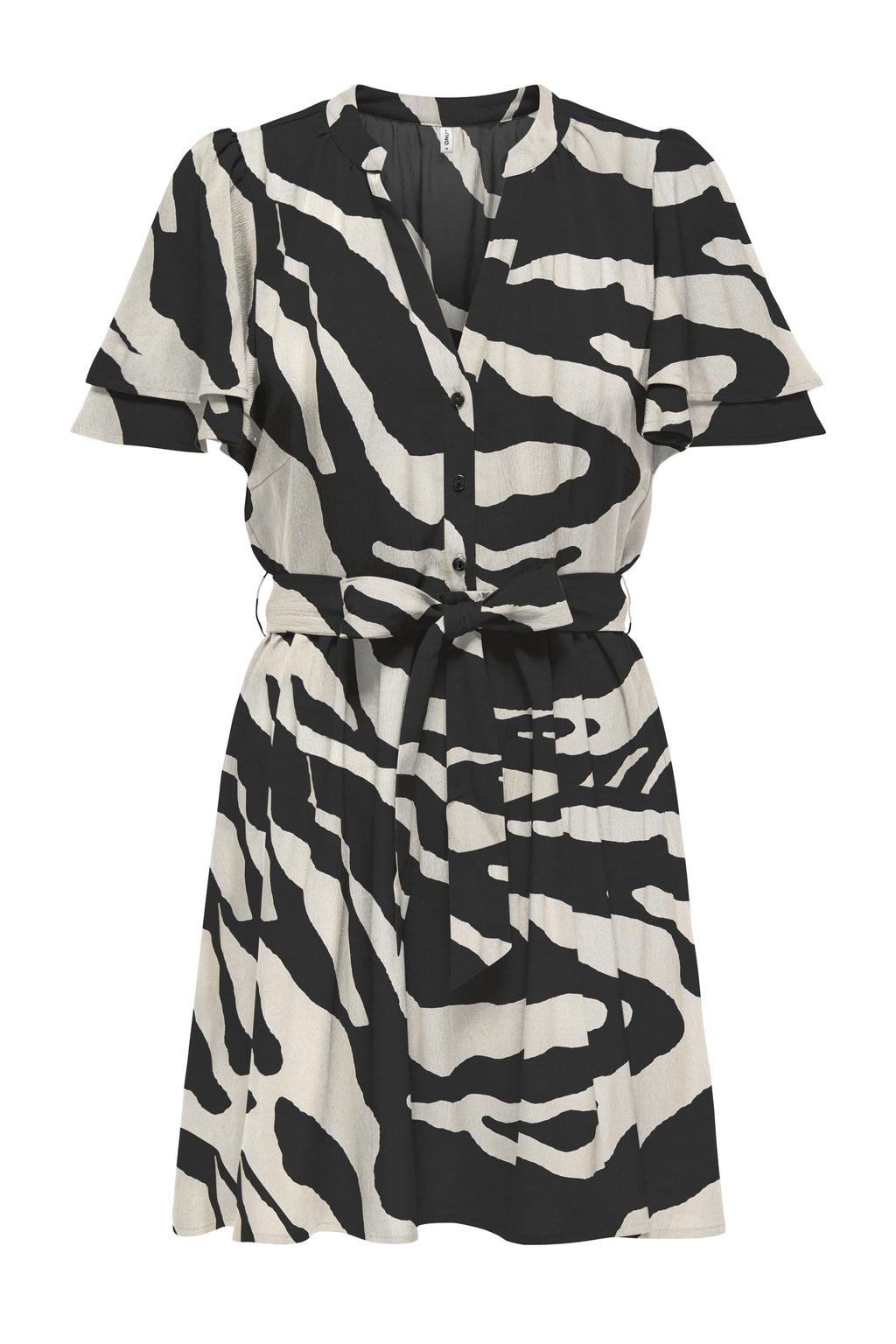 Zwart en ecru dames ONLY zomerjurk van viscose met dierenprint, korte mouwen, V-hals, striksluiting en geweven detail