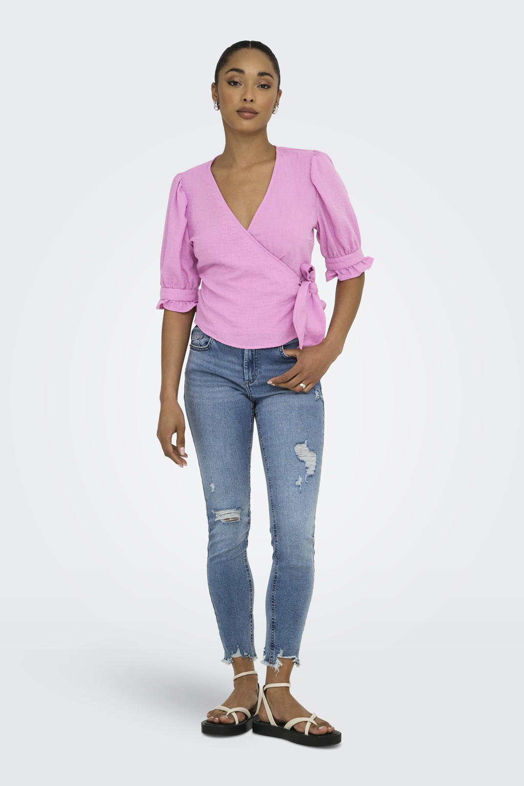 Roze dames ONLY blousetop van polyester met effen, lange mouwen, overslagkraag, striksluiting en geweven detail