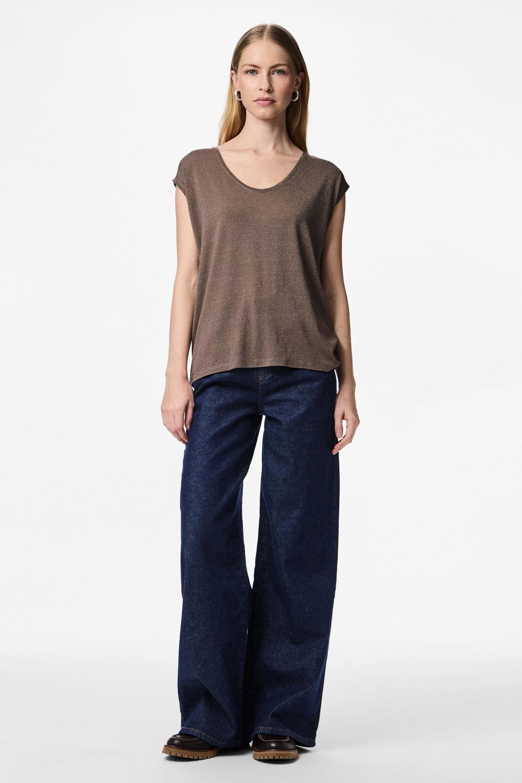 Donkerbruin en gouden dames PIECES top van viscose met effen, korte mouwen, V-hals en lurex