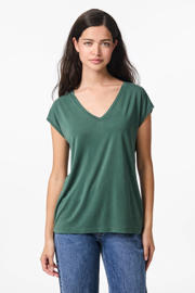 thumbnail: Groene dames PIECES T-shirt van modal met effen, korte mouwen en V-hals
