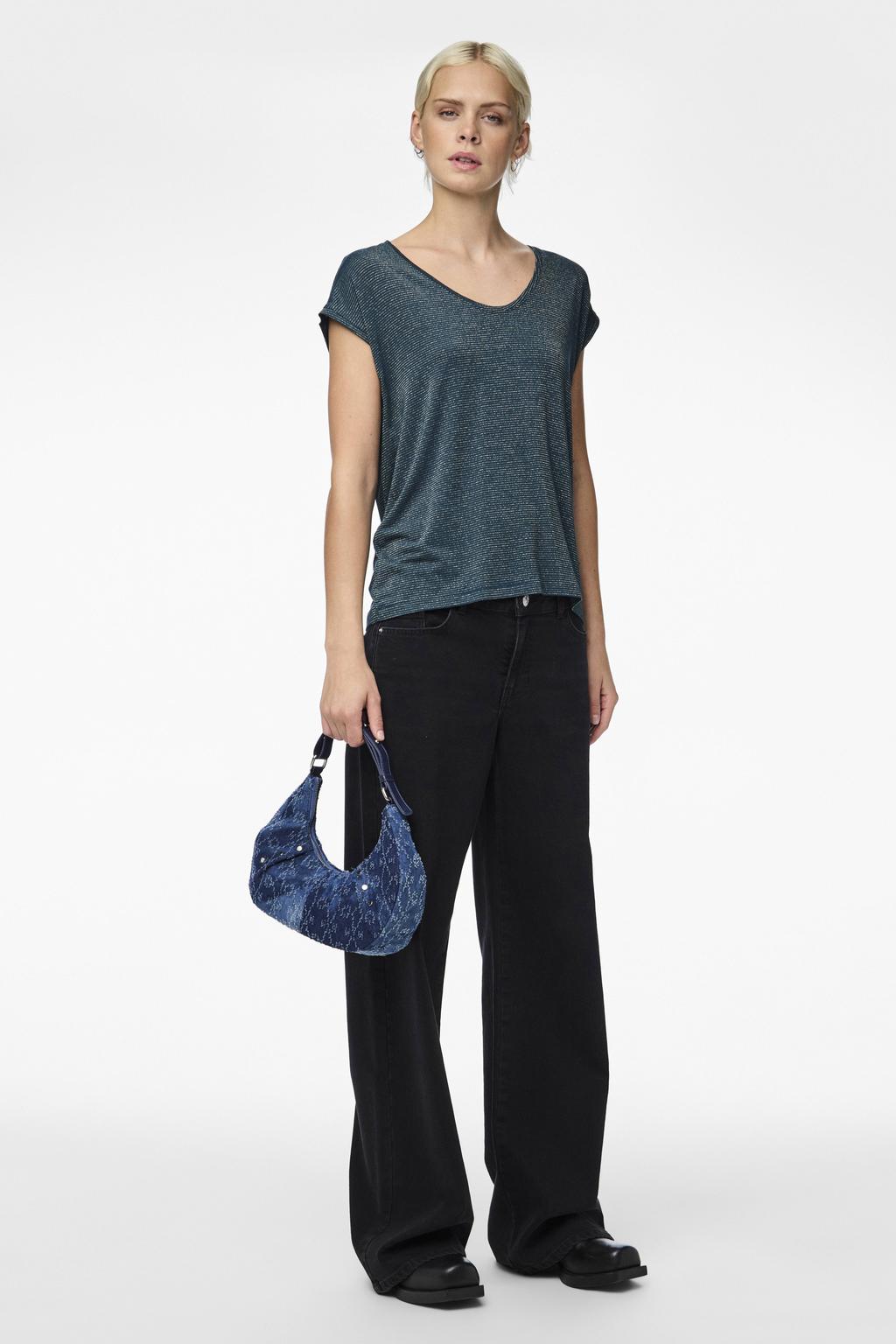Blauwe dames PIECES top van viscose met effen, korte mouwen, V-hals en lurex