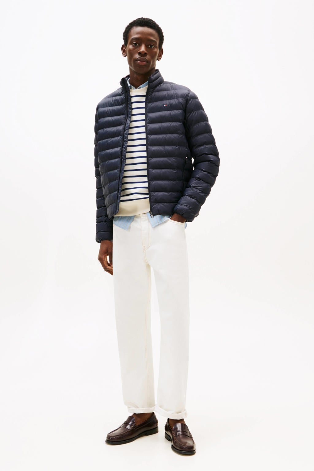 Donkerblauwe heren Tommy Hilfiger gewatteerde jas van polyamide met effen, lange mouwen, opstaande kraag en ritssluiting