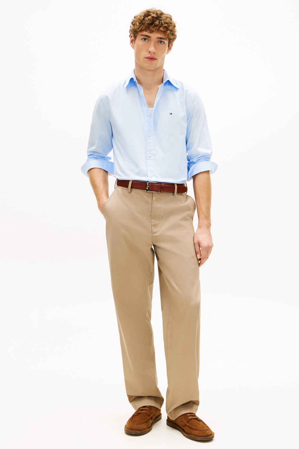 Lichtblauwe heren Tommy Hilfiger regular overhemd van katoen met effen, lange mouwen, button down sluiting en knoopsluiting