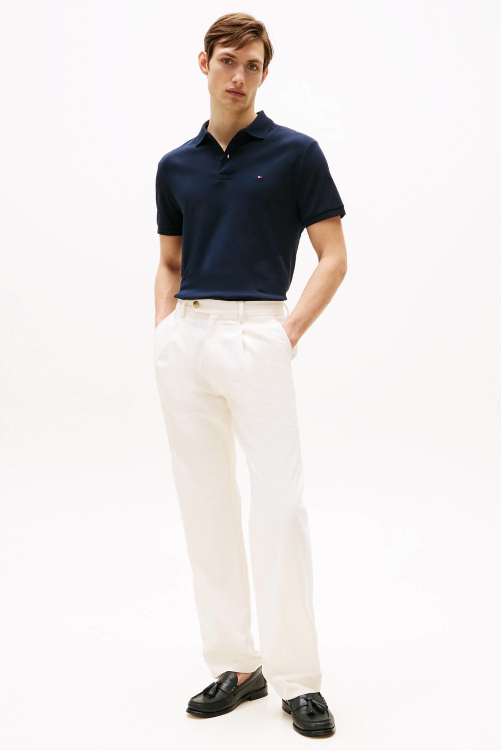 Donkerblauwe heren Tommy Hilfiger regular polo van katoen met effen, korte mouwen en pique