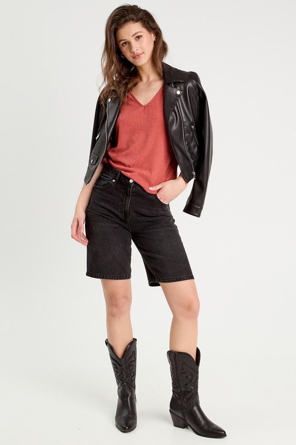 Oudroze dames Cache Cache top gehaakt van polyester met effen, korte mouwen en V-hals