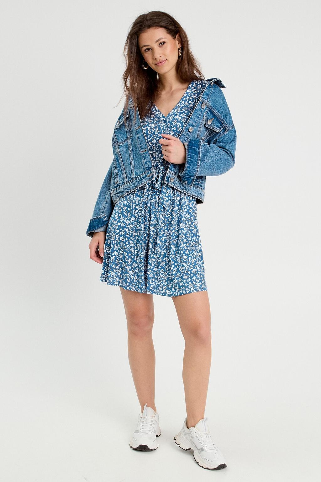 Blauwe dames Cache Cache mini jurk van polyester met korte mouwen, V-hals en knoopsluiting