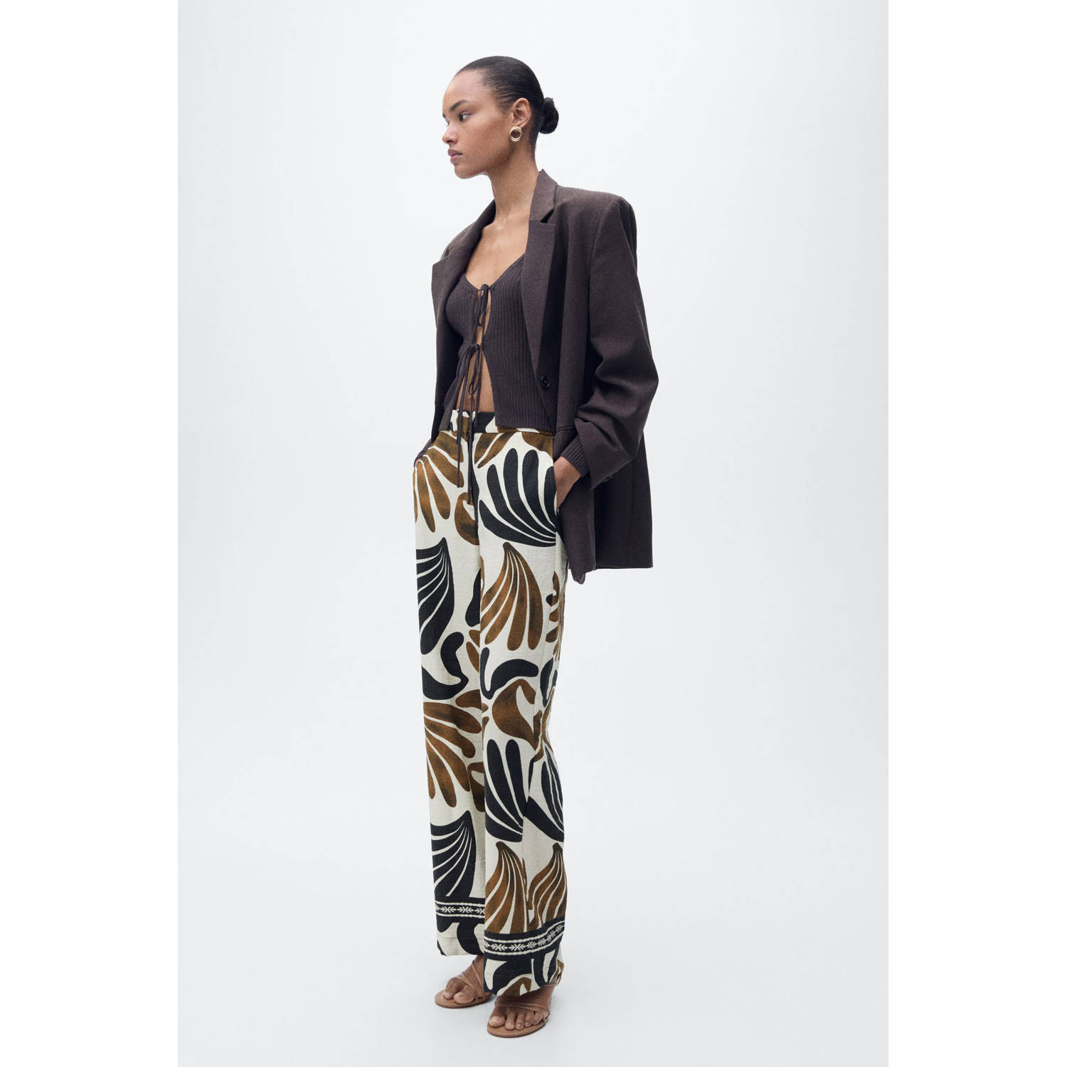 Mango wide leg regular waist broek ecru