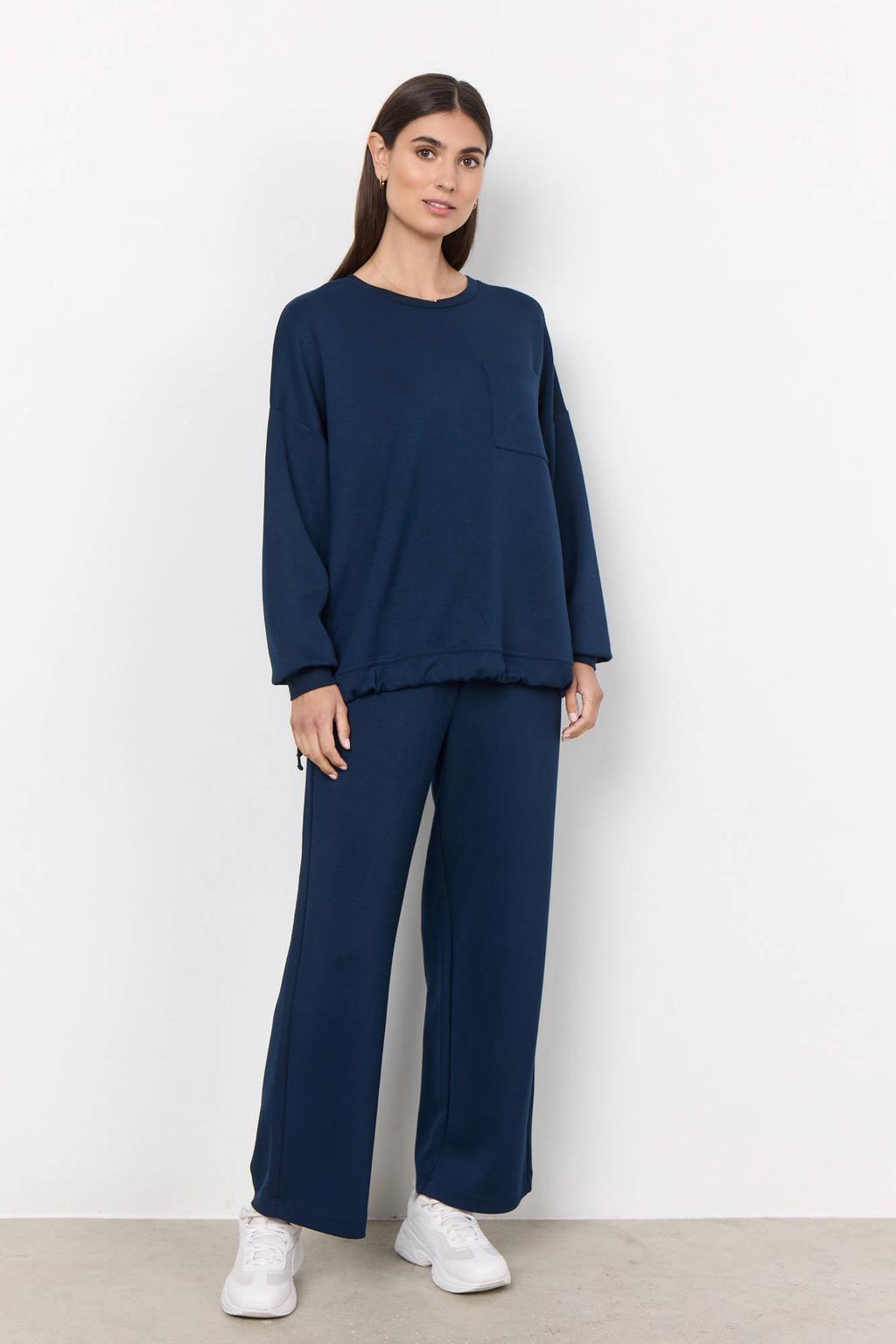 Donkerblauwe dames Soyaconcept wide leg high waist broek van modal met elastische tailleband met koord en effen