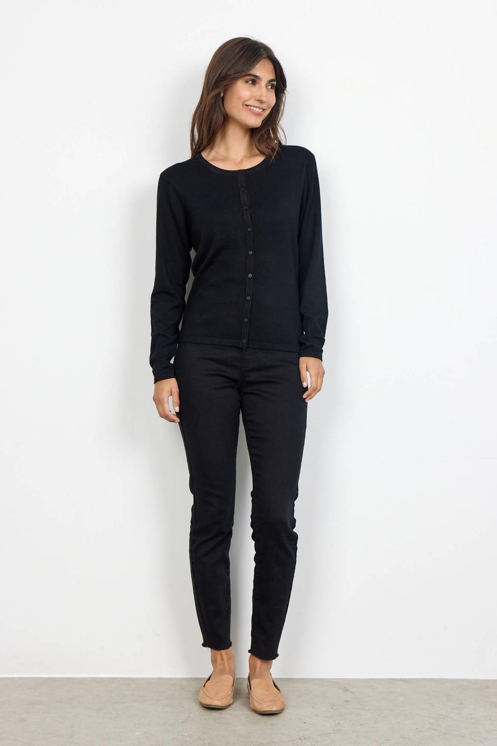 Zwarte dames Soyaconcept vest fijn gebreid van viscose met effen, lange mouwen, ronde hals en knoopsluiting