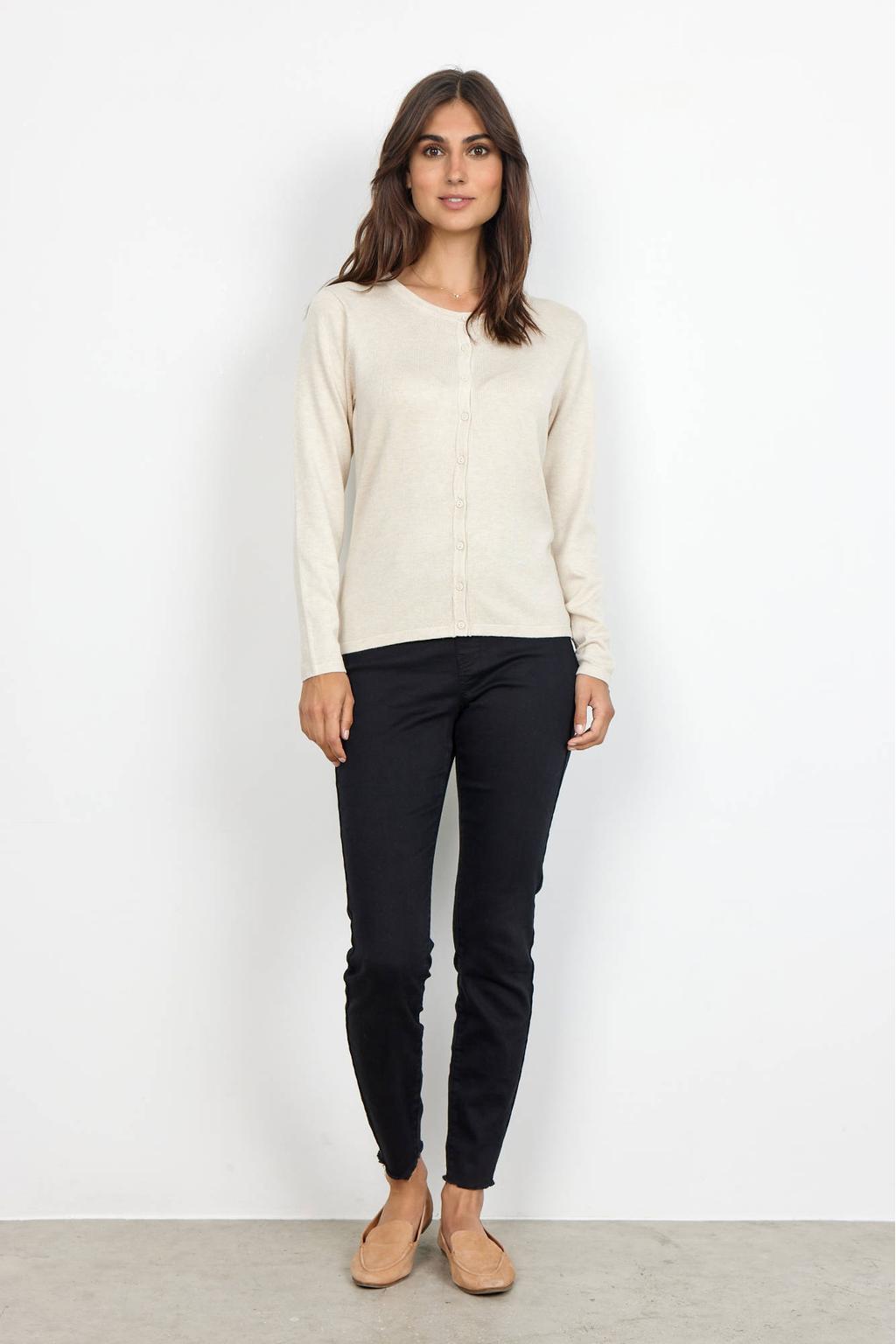 Zandkleurige dames Soyaconcept vest fijn gebreid van viscose met effen, lange mouwen, ronde hals en knoopsluiting