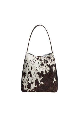 leren schoudertas met koeienprint Shelby bruin/wit
