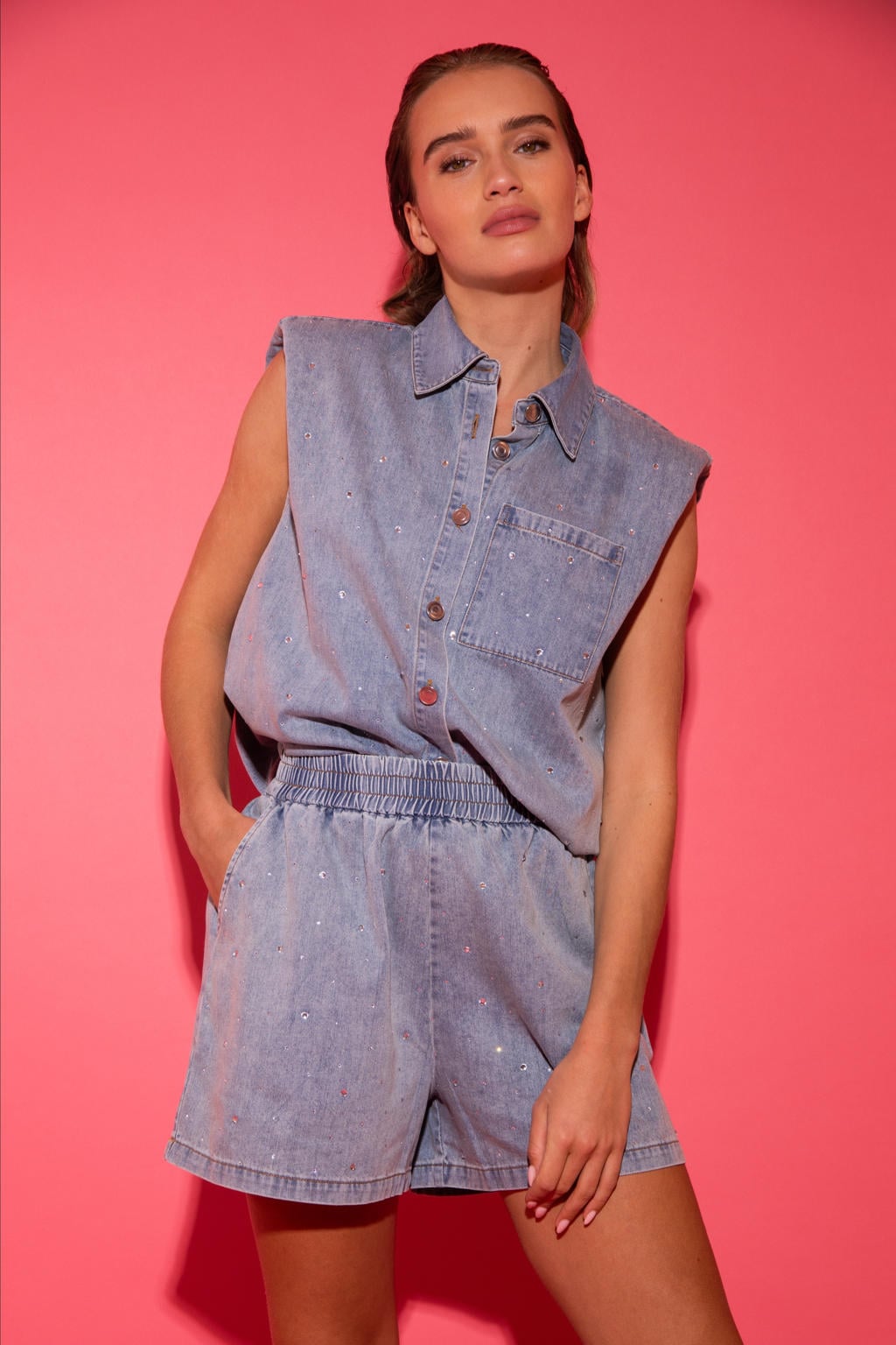 Light blue denim dames Studio AMAYA straight high waist short met elastische tailleband en effen
