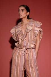 thumbnail: Multikleurige dames AMAYA Amsterdam linnen gilet met strepenprint, V-hals, knoopsluiting en ruches