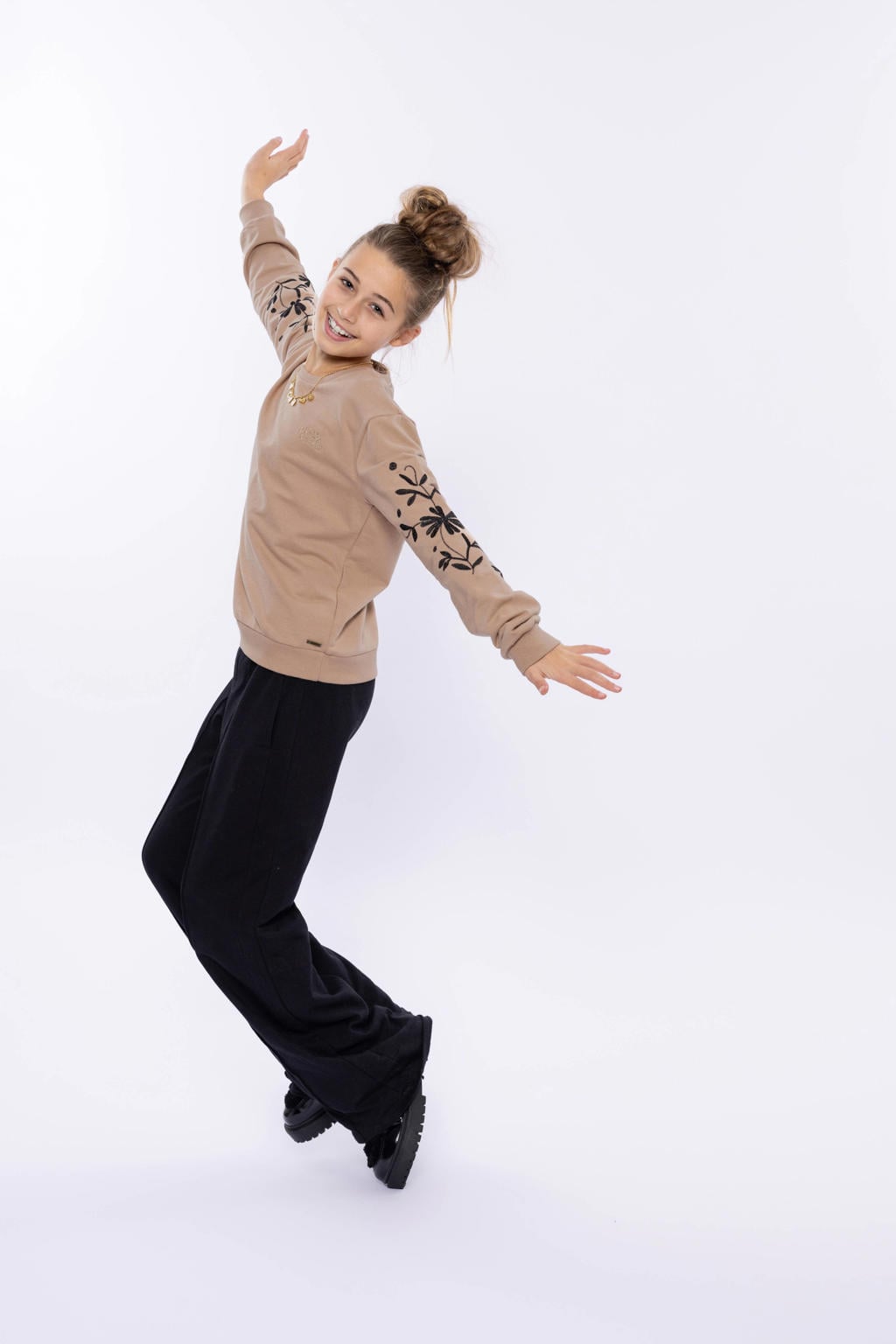 Zwarte meisjes No Way Monday wide leg casual broek van katoen met elastische tailleband met koord en effen