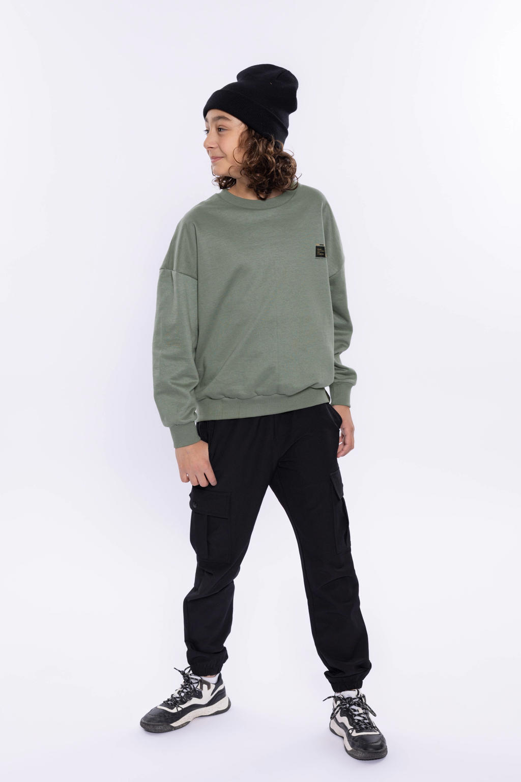 Groene jongens No Way Monday sweater van katoen met backprint, lange mouwen, ronde hals en geribde boorden