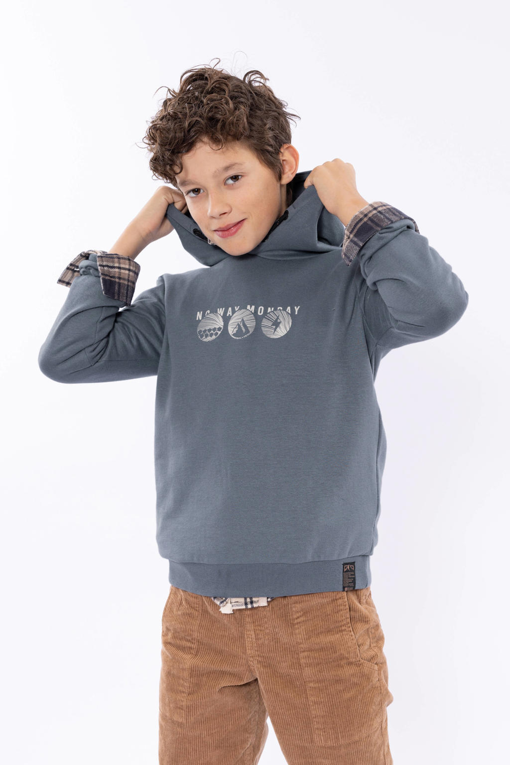 Antraciete jongens No Way Monday hoodie van katoen met printopdruk, lange mouwen en capuchon