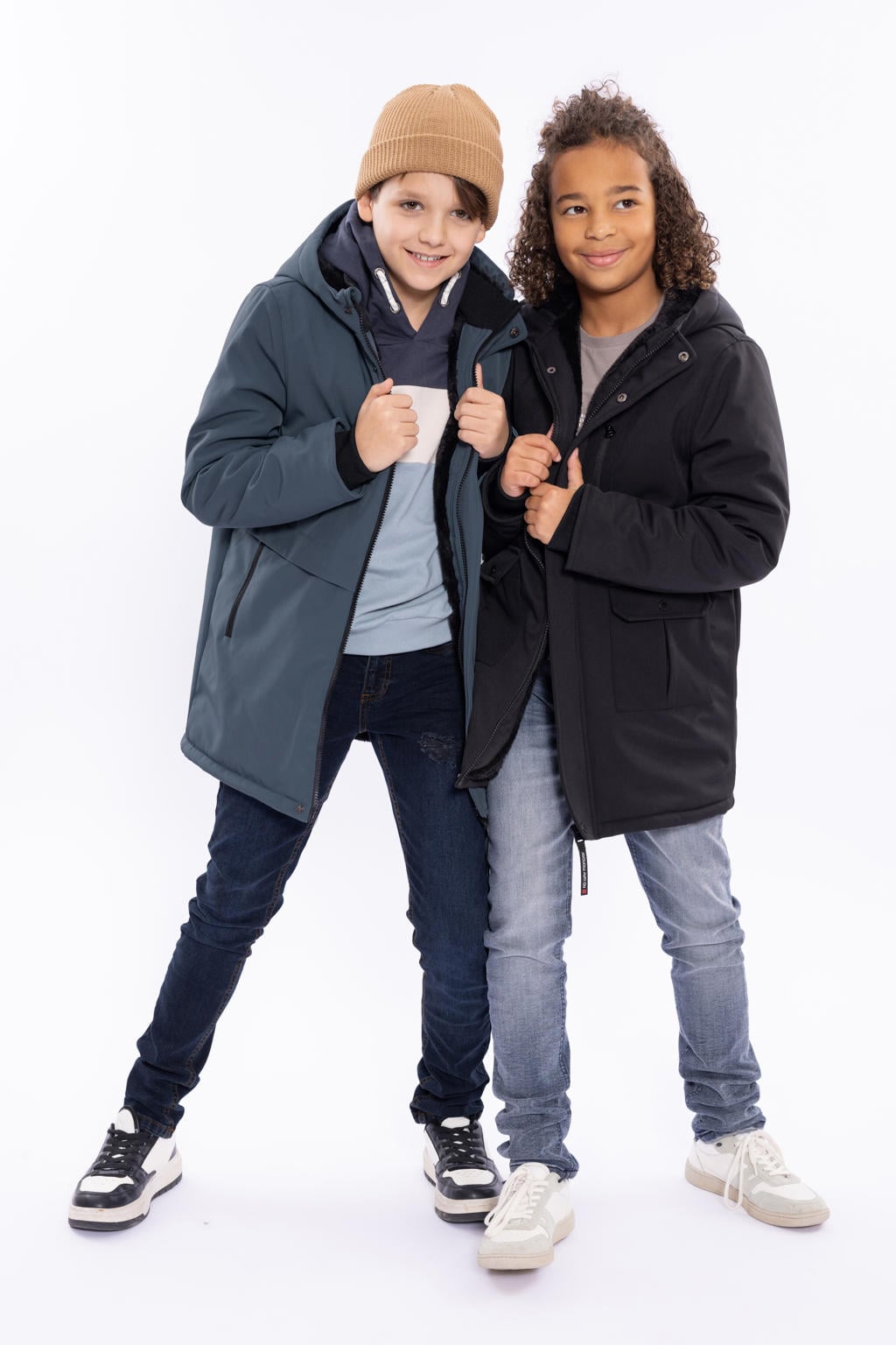 Grijsblauwe jongens No Way Monday parka blauw van polyester met effen, lange mouwen, capuchon, rits- en drukknoopsluiting en geribde boorden