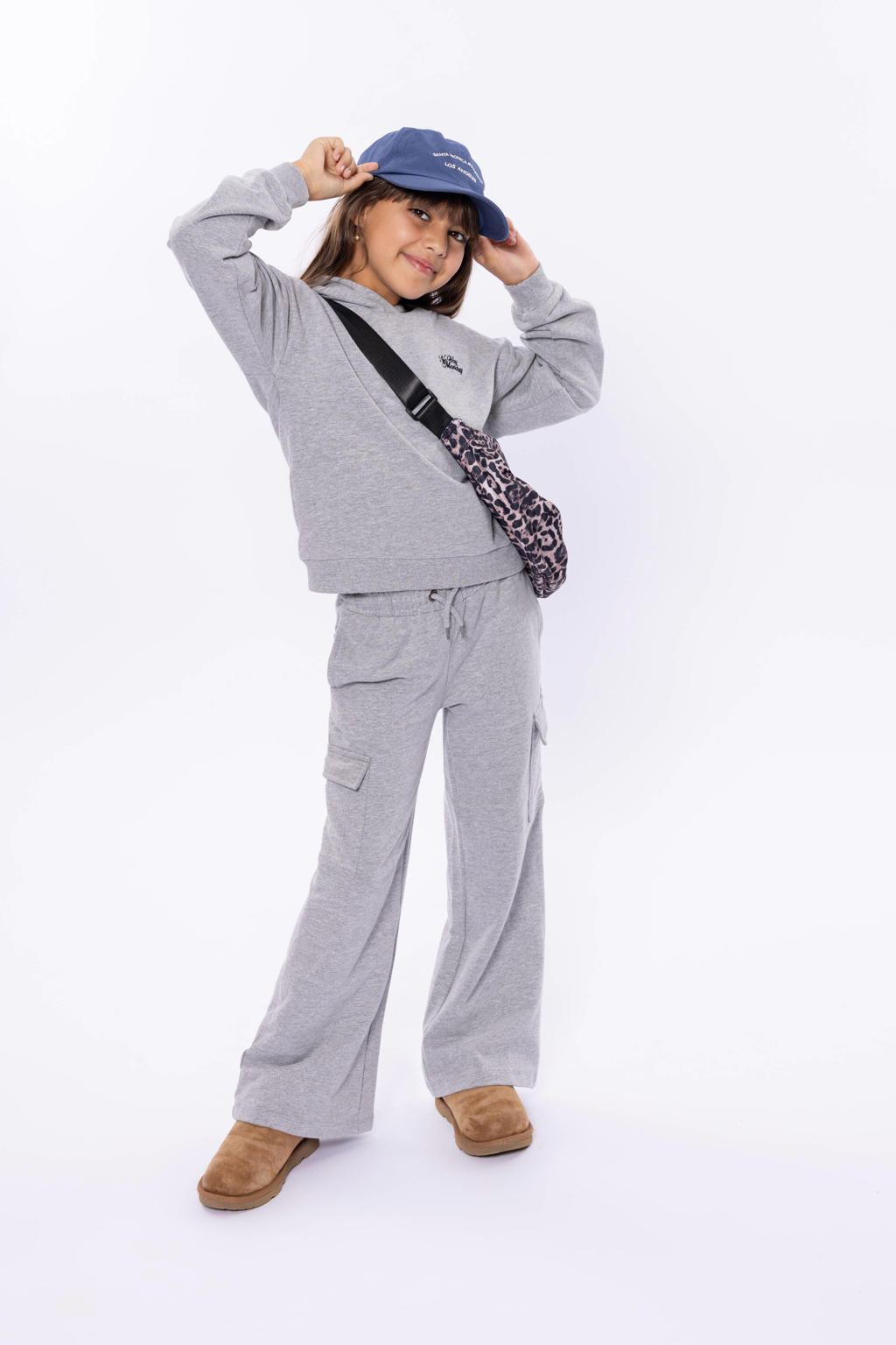 Grijs melange meisjes No Way Monday wide leg cargo broek melange van katoen met elastische tailleband met koord