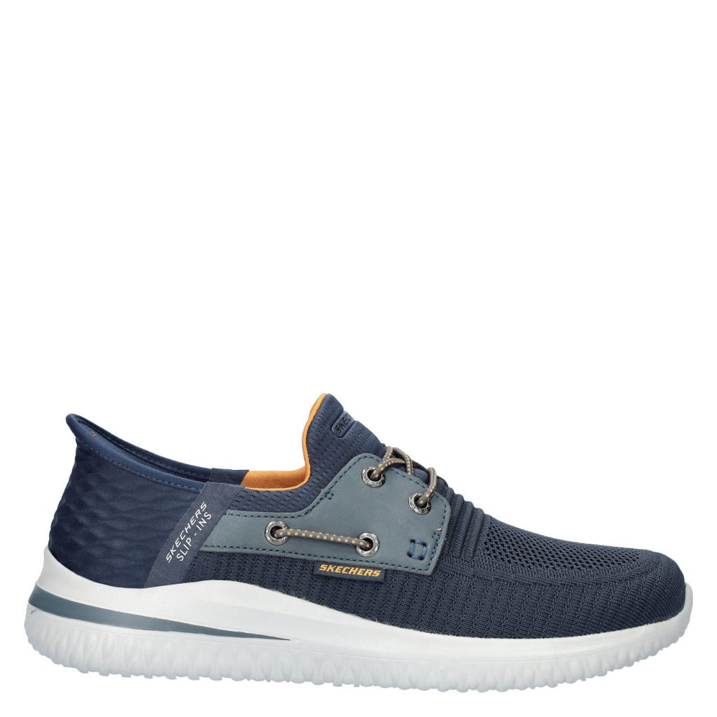 Donkerblauwe heren Skechers Delson 3.0 slip-on sneakers van textiel
