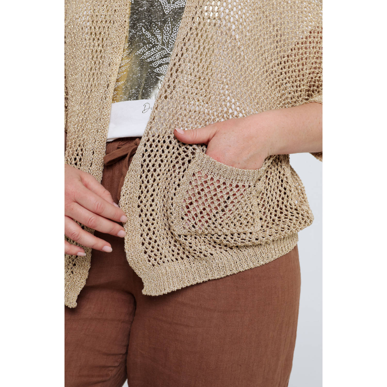 Paprika gebreid vest goud met lurex