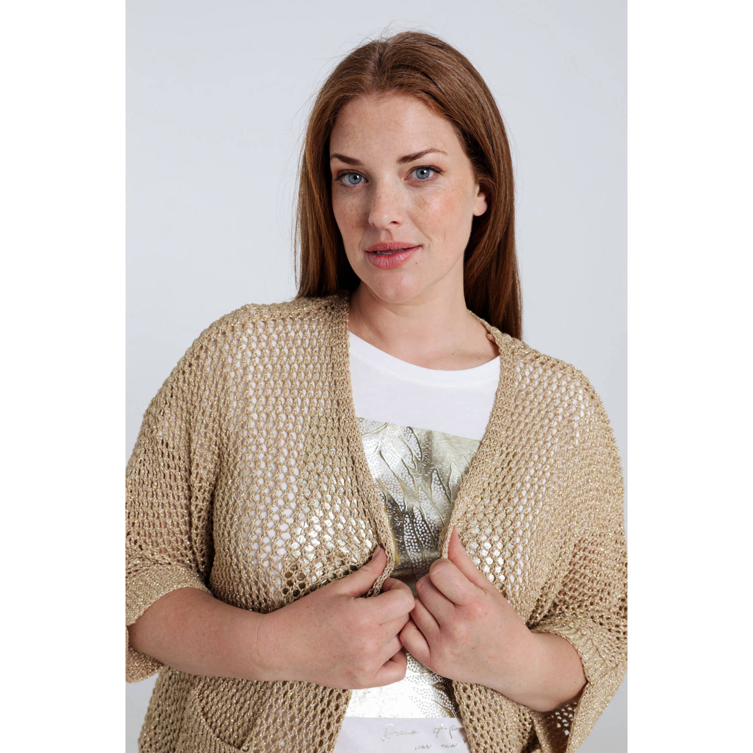 Paprika gebreid vest goud met lurex