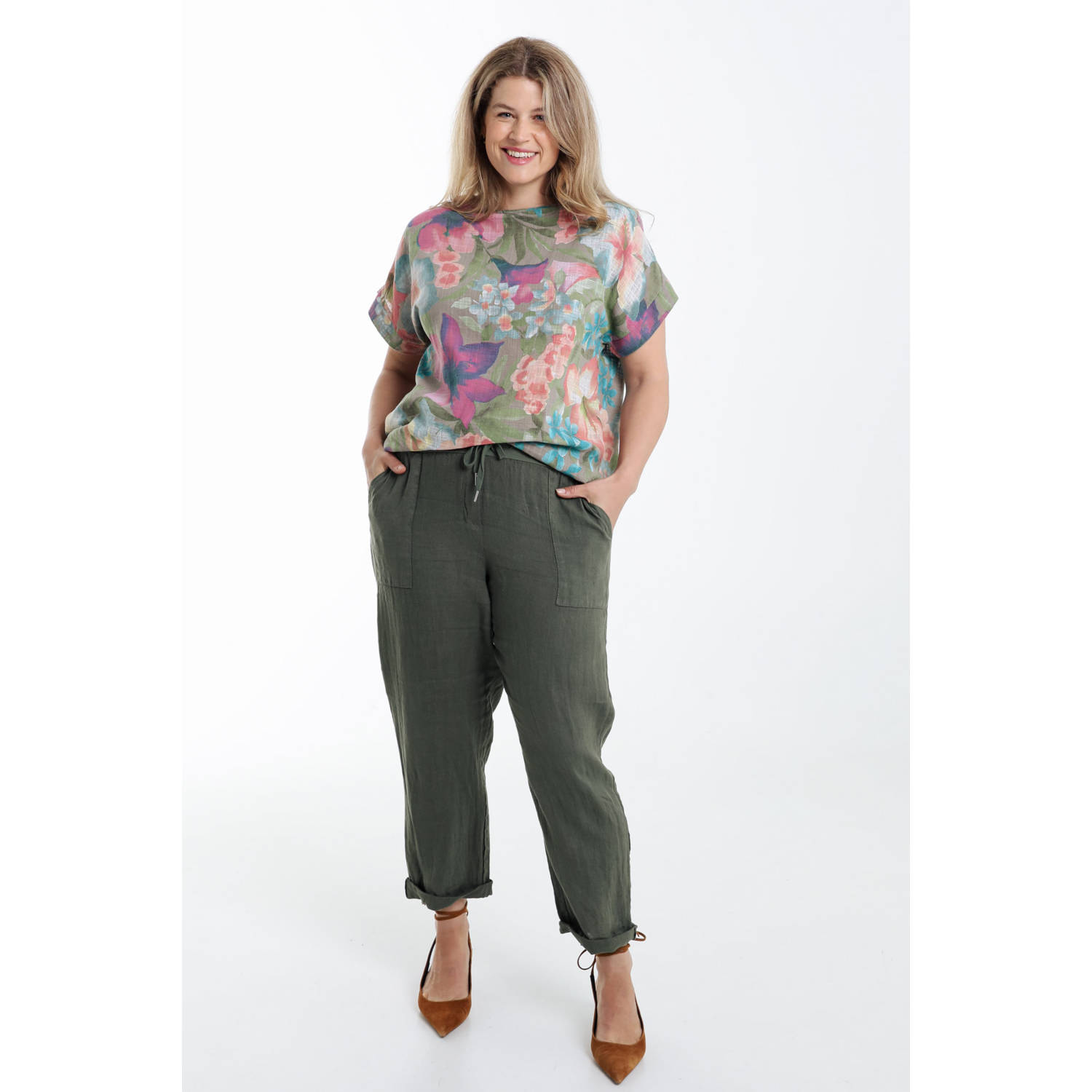 Paprika linnen straight regular waist broek kaki