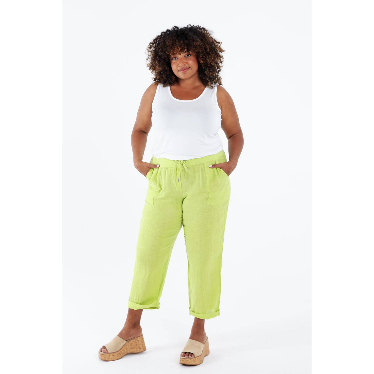 Paprika linnen straight regular waist broek geel