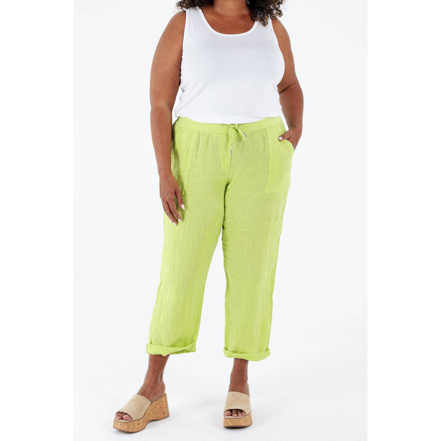 Paprika linnen straight regular waist broek geel