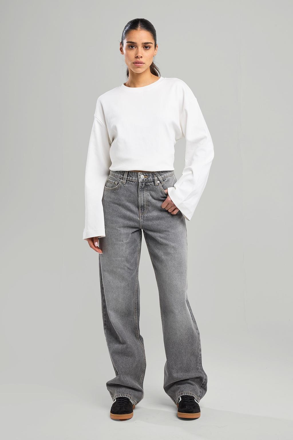 Grey denim dames America Today straight jeans high waist van denim met rits- en knoopsluiting en effen