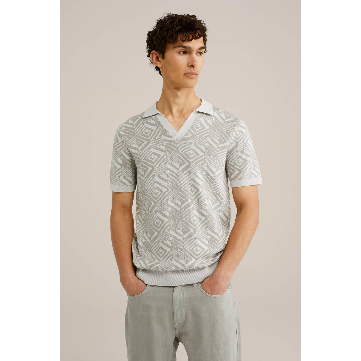 WE Fashion regular polo fijn gebreid taupe