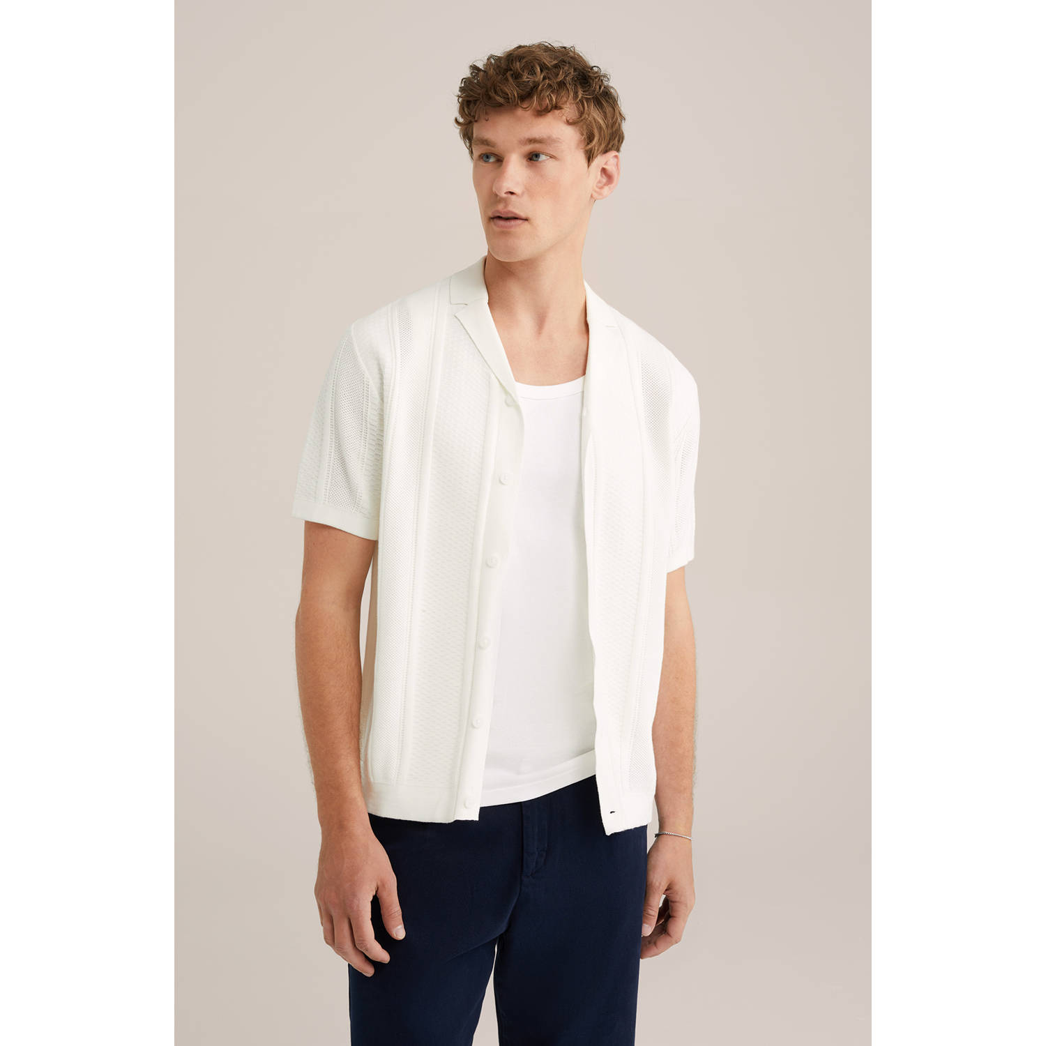WE Fashion regular overshirt met ingebreid patroon ecru