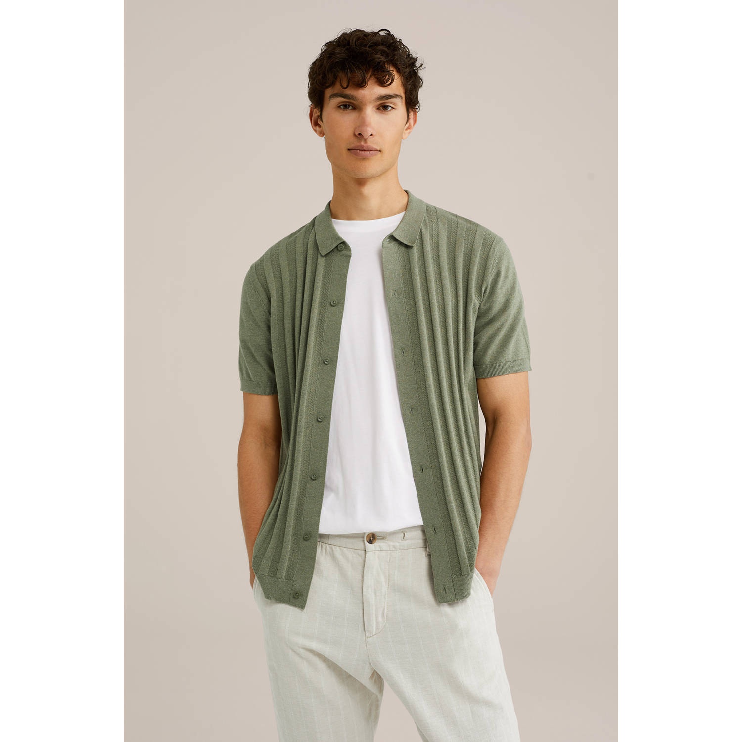 WE Fashion casual overhemd fijn gebreid donkergroen