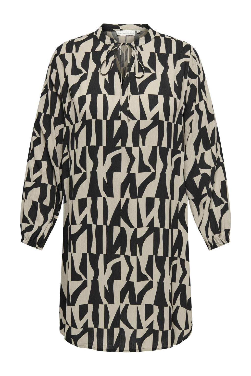 Zwart en ecru dames ONLY CARMAKOMA korte jurk van viscose met lange mouwen en V-hals