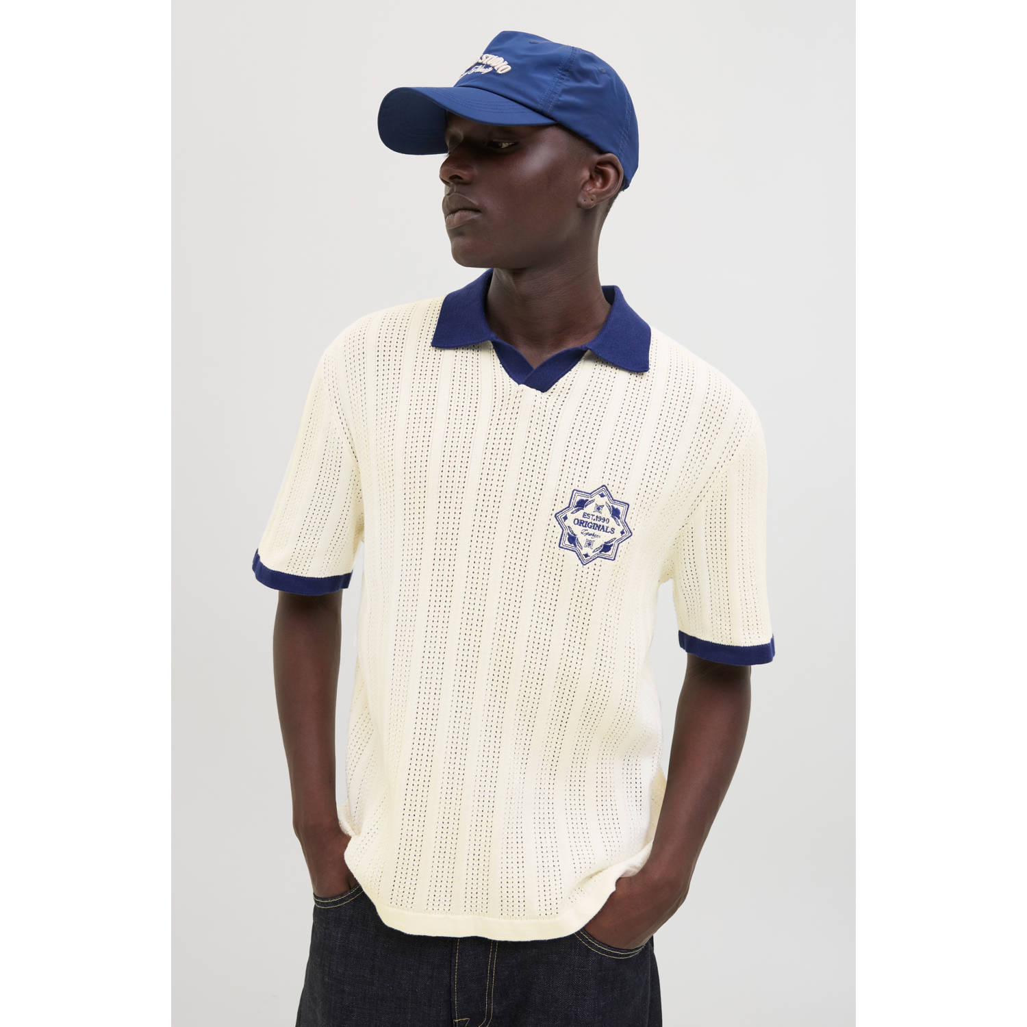 JACK & JONES ORIGINALS relaxed polo gebreid wit