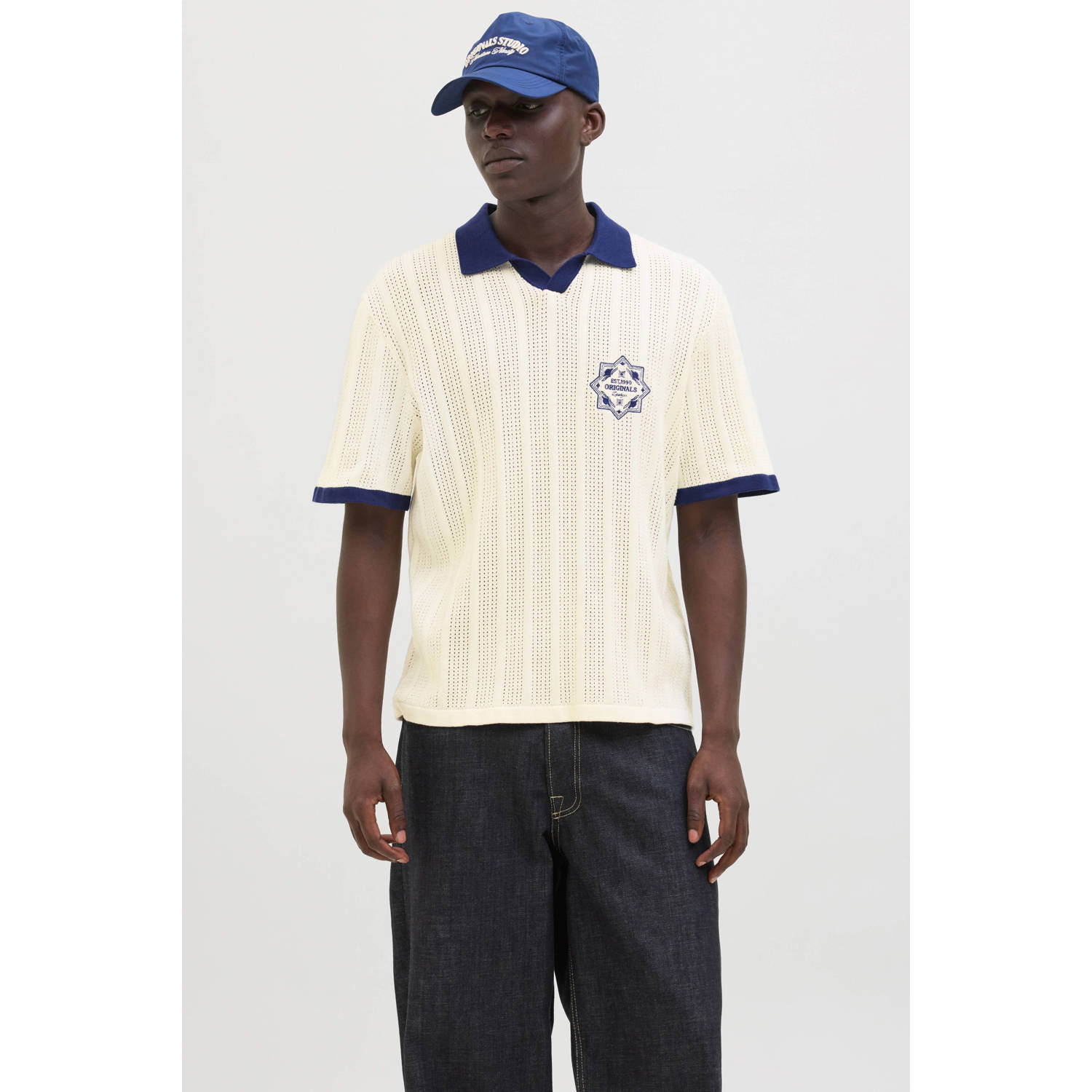 JACK & JONES ORIGINALS relaxed polo gebreid wit