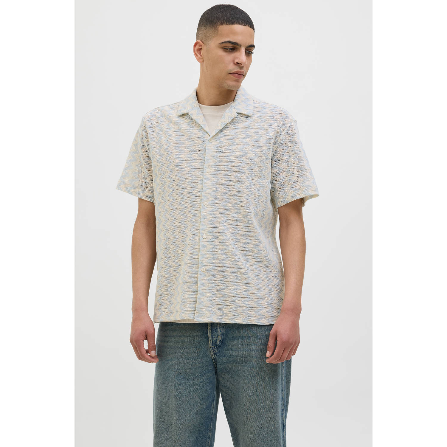 JACK & JONES ORIGINALS casual overhemd met ingebreid patroon lichtblauw