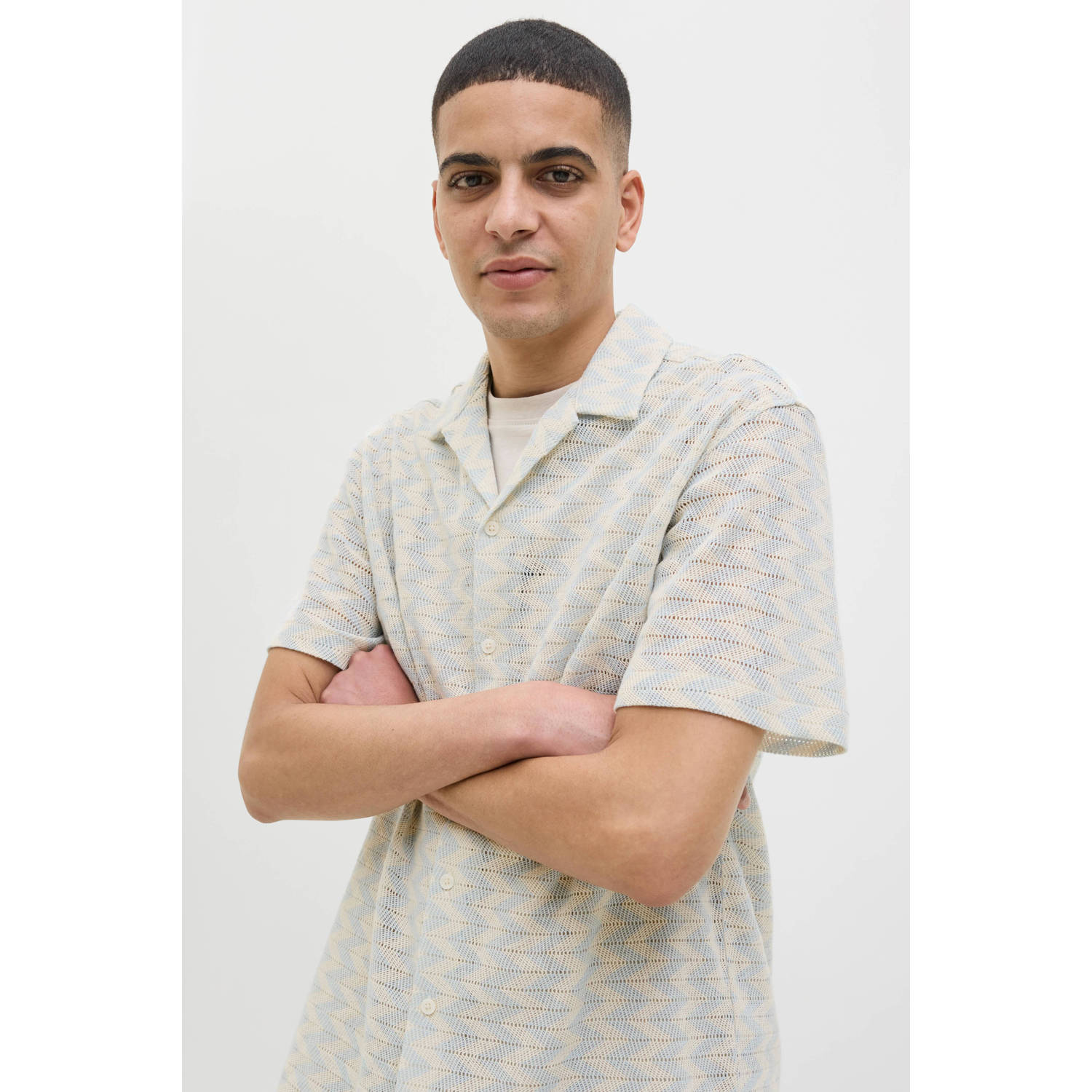 JACK & JONES ORIGINALS casual overhemd met ingebreid patroon lichtblauw