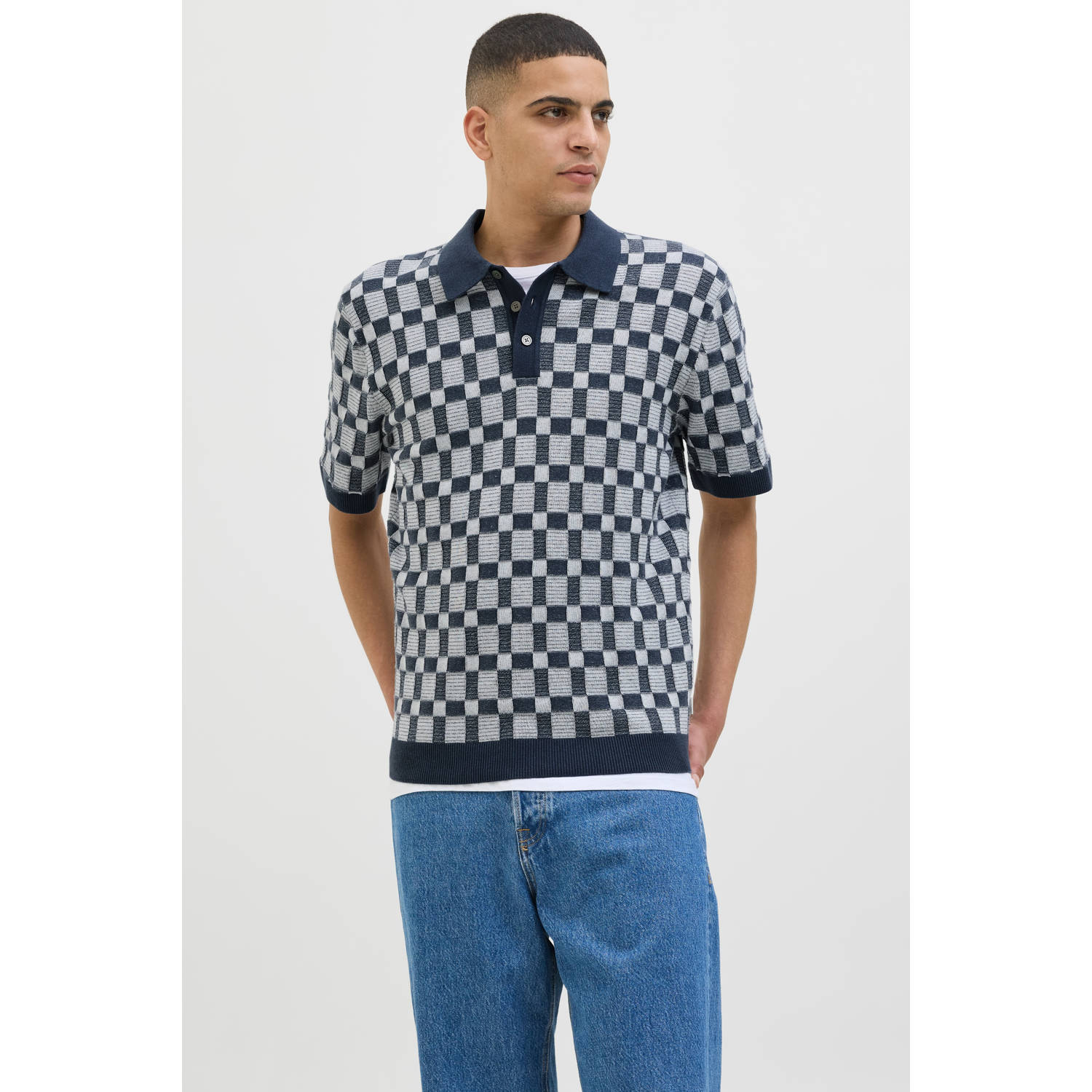 JACK & JONES PREMIUM regular polo met ingebreid patroon donkerblauw