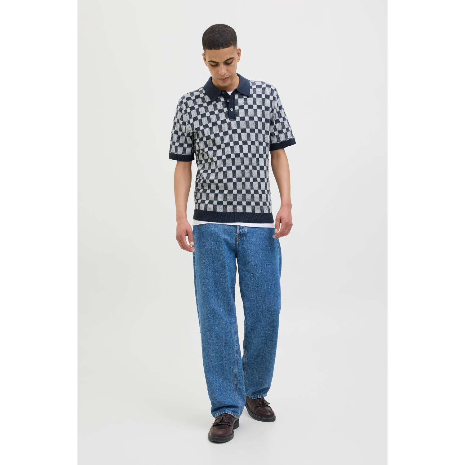 JACK & JONES PREMIUM regular polo met ingebreid patroon donkerblauw