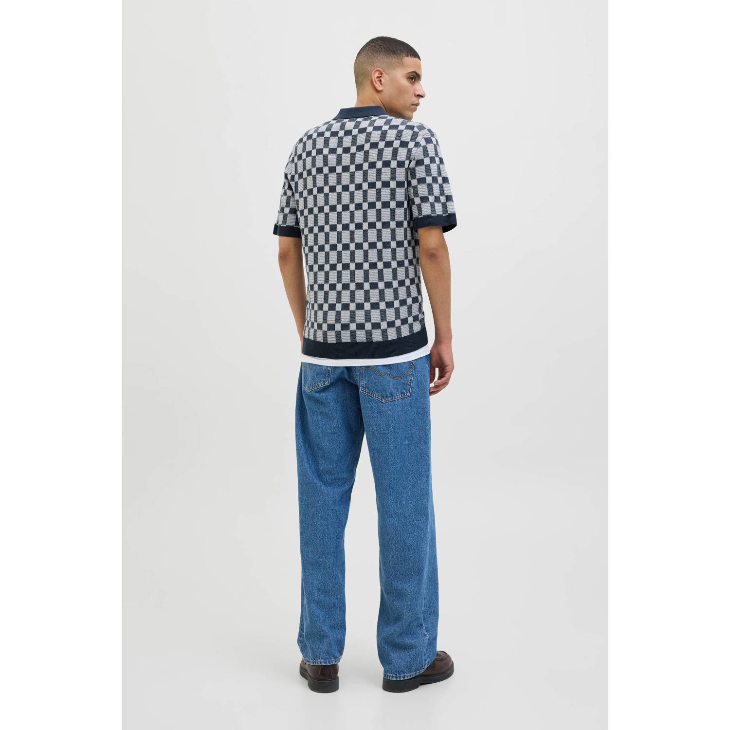 JACK & JONES PREMIUM regular polo met ingebreid patroon donkerblauw